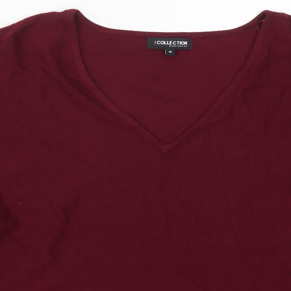 Close-up detail of Debenhams women’s red v-neck viscose jumper, size M