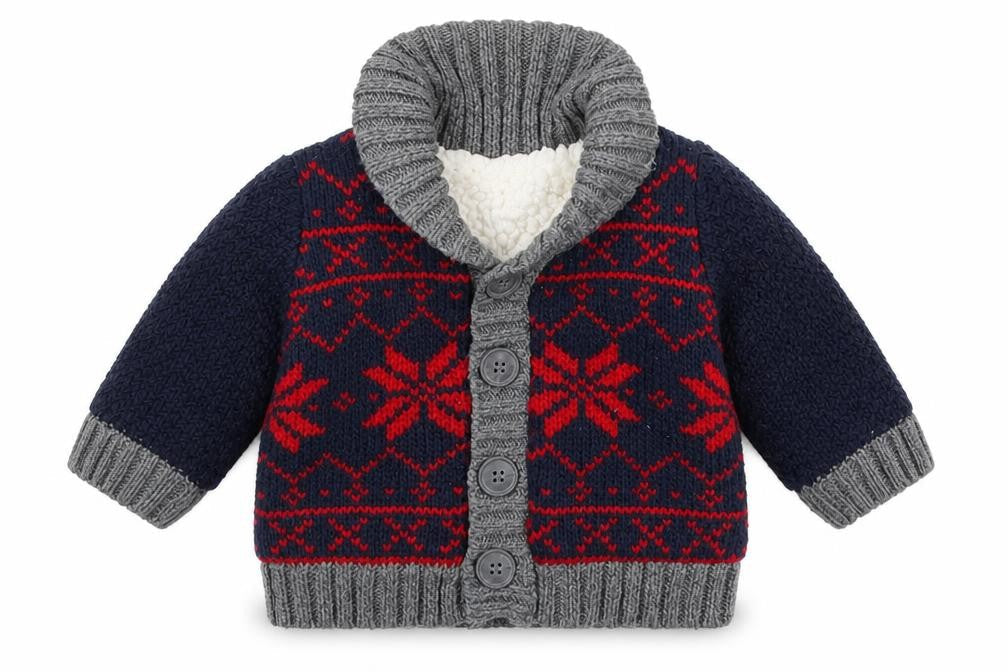 Front view of Nutmeg boys’ black geometric acrylic cardigan jumper one size button