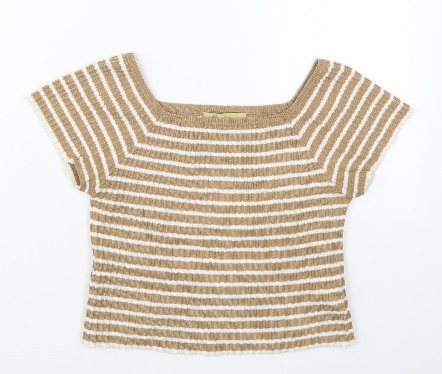 Rosario Womens Beige Striped Polyester Cropped T-Shirt Size M Square Neck