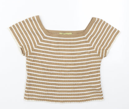 Rosario Womens Beige Striped Polyester Cropped T-Shirt Size M Square Neck
