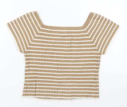 Rosario Womens Beige Striped Polyester Cropped T-Shirt Size M Square Neck