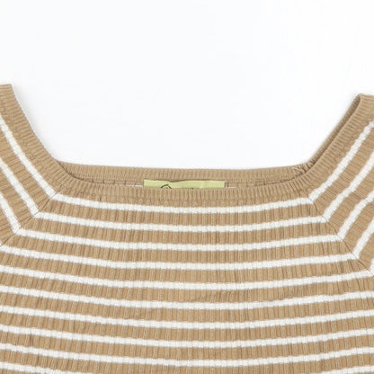 Rosario Womens Beige Striped Polyester Cropped T-Shirt Size M Square Neck