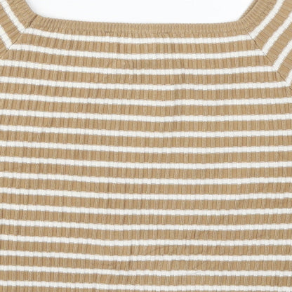 Rosario Womens Beige Striped Polyester Cropped T-Shirt Size M Square Neck