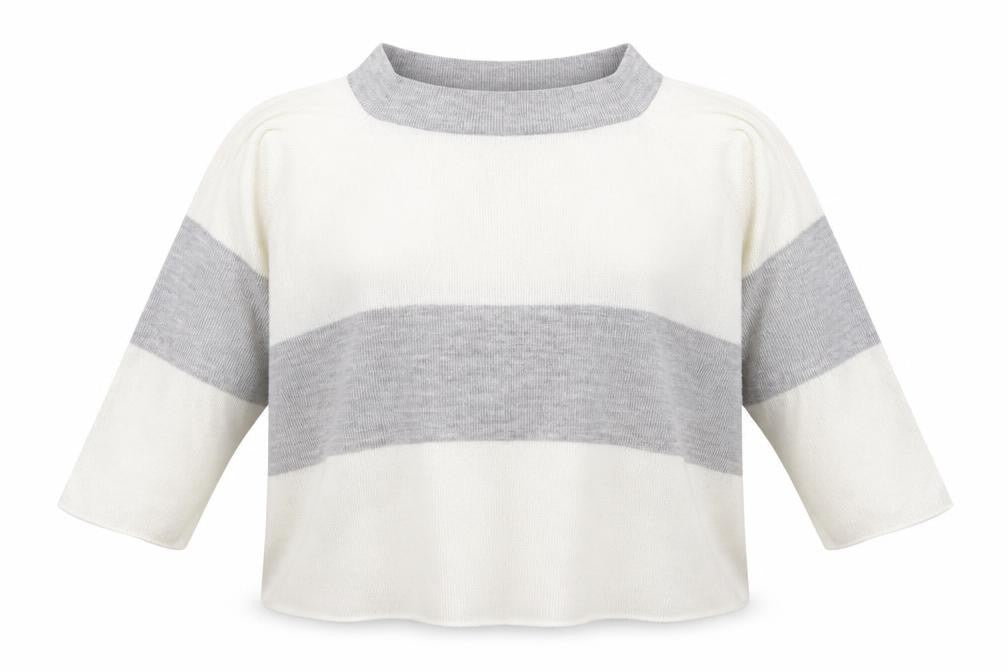 Front view of In the Style women’s ivory boat neck striped acrylic jumper, size UK 10, - grey