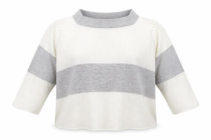 Front view of In the Style women’s ivory boat neck striped acrylic jumper, size UK 10, - grey