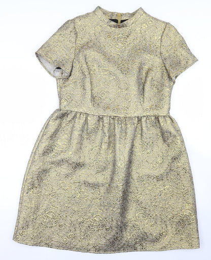 Marks and Spencer Womens Gold Paisley Cotton Skater Dress  Size 14  Crew Neck Zip