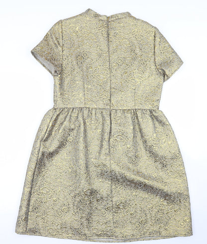 Marks and Spencer Womens Gold Paisley Cotton Skater Dress  Size 14  Crew Neck Zip