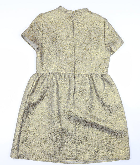 Marks and Spencer Womens Gold Paisley Cotton Skater Dress  Size 14  Crew Neck Zip