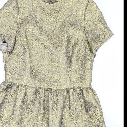 Marks and Spencer Womens Gold Paisley Cotton Skater Dress  Size 14  Crew Neck Zip