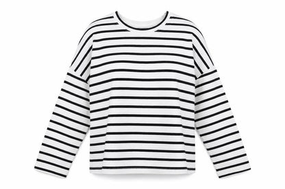 Front view of Monki women’s white round neck striped cotton jumper, size XS
