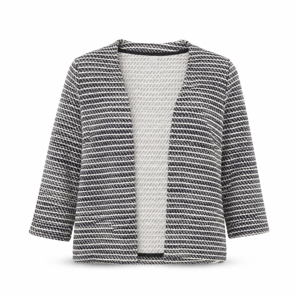 Front view of H&M women’s black v-neck striped cotton cardigan jumper, size S