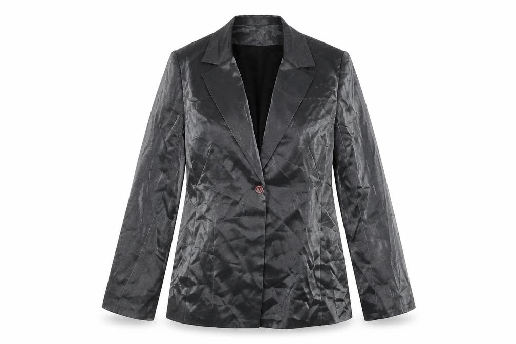 Front view of NLCollection women’s silver jacket blazer, size UK 14, button