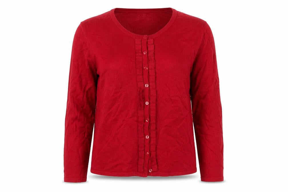Front view of Country Casuals women’s red round neck viscose cardigan jumper, size UK 12