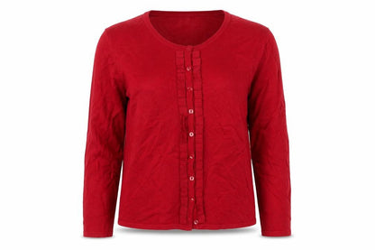 Front view of Country Casuals women’s red round neck viscose cardigan jumper, size UK 12