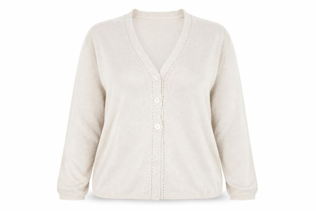Front view of Marks & Spencer women’s gold v-neck viscose cardigan jumper, size UK 12