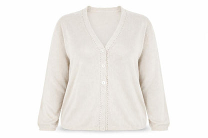 Front view of Marks & Spencer women’s gold v-neck viscose cardigan jumper, size UK 12