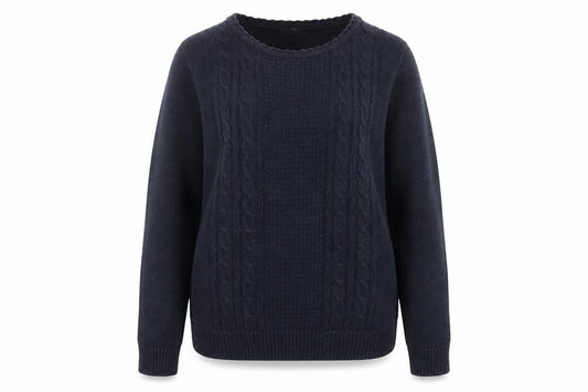 Front view of Isle women’s blue round neck acrylic jumper, size S