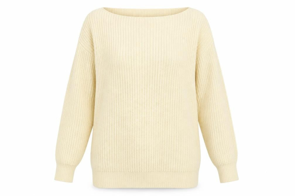 Front view of Nasty Gal women’s beige boat neck acrylic jumper, size M
