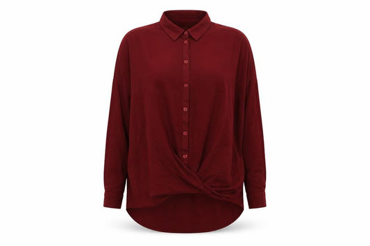 Front view of BDG women’s red viscose basic button-up, size S, collared