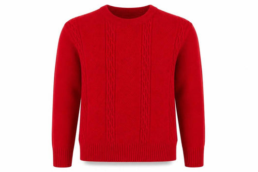 Front view of Pure & Natural women’s red crew neck acrylic jumper, size XS