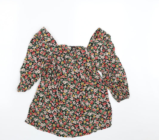 F&F Womens Black Floral Viscose Basic Blouse Size 6 Square Neck