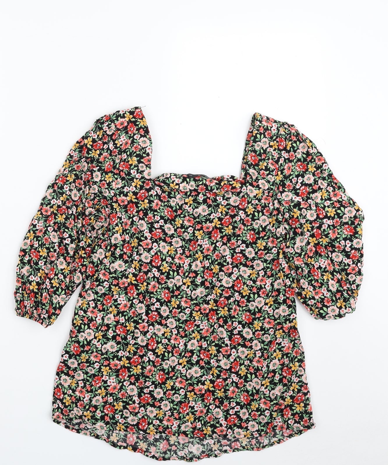 F&F Womens Black Floral Viscose Basic Blouse Size 6 Square Neck