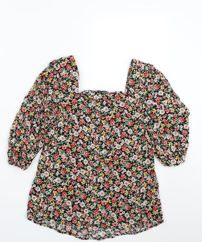 F&F Womens Black Floral Viscose Basic Blouse Size 6 Square Neck