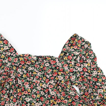 F&F Womens Black Floral Viscose Basic Blouse Size 6 Square Neck