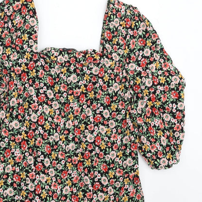 F&F Womens Black Floral Viscose Basic Blouse Size 6 Square Neck