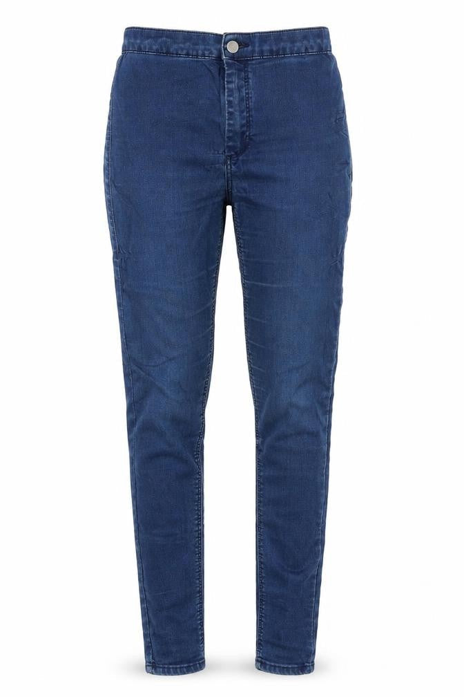 Front view of Topshop women’s blue cotton jegging jeans, size UK 28, in, 26-inch leg slim