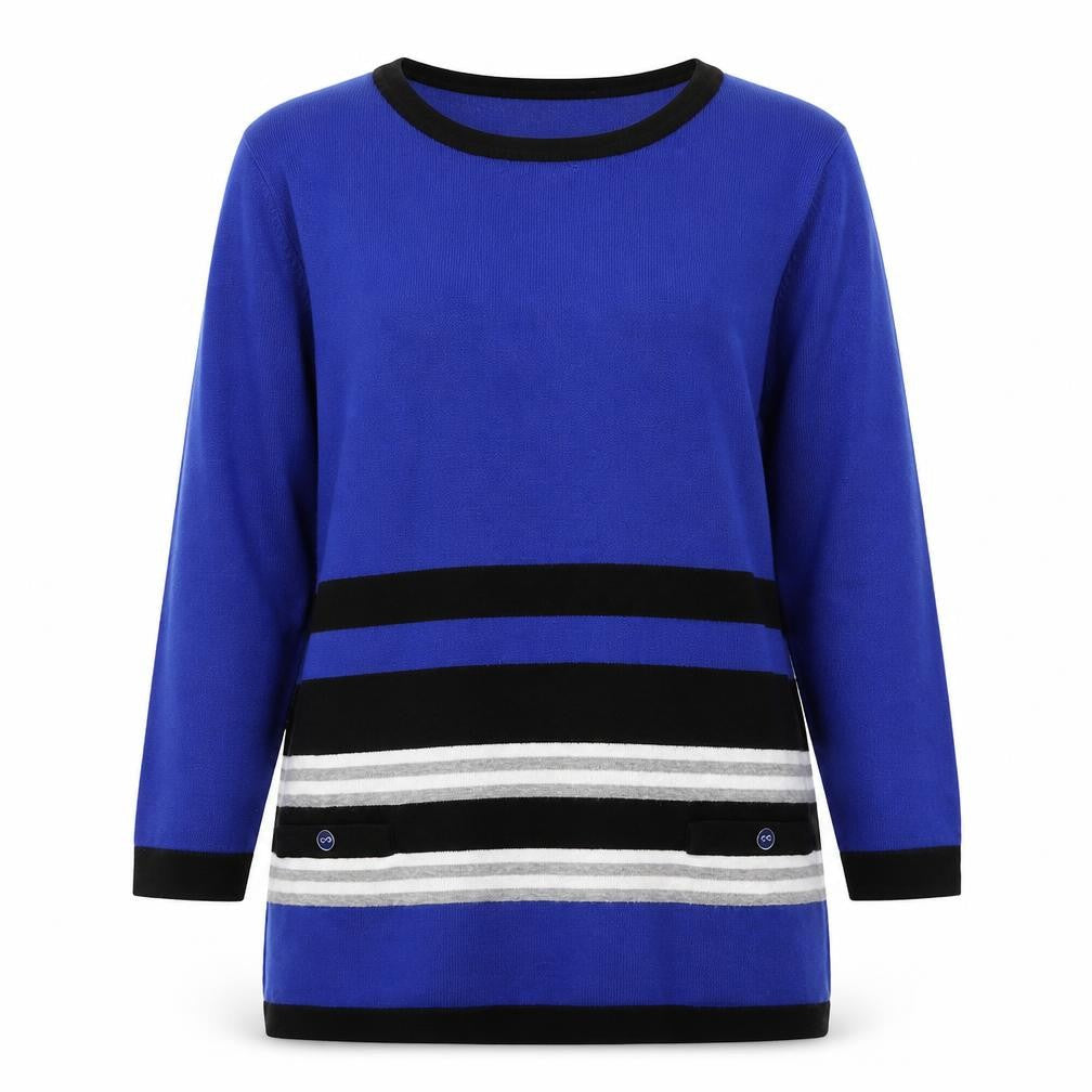 Front view of MICHA women’s blue scoop neck striped viscose jumper, size S, -, size S/m