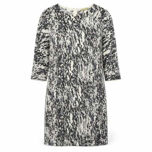 Front view of Tu women’s multicoloured animal print acrylic jumper dress, size UK 14, round neck button