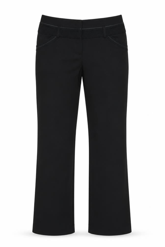 Front view of Next women’s black polyester trousers, size UK 12, 31-inch leg regular zip - lace detail