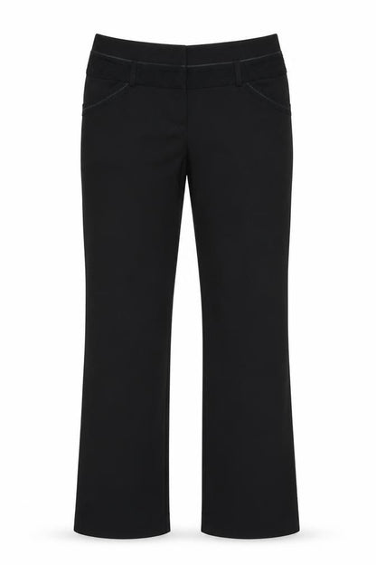 Front view of Next women’s black polyester trousers, size UK 12, 31-inch leg regular zip - lace detail