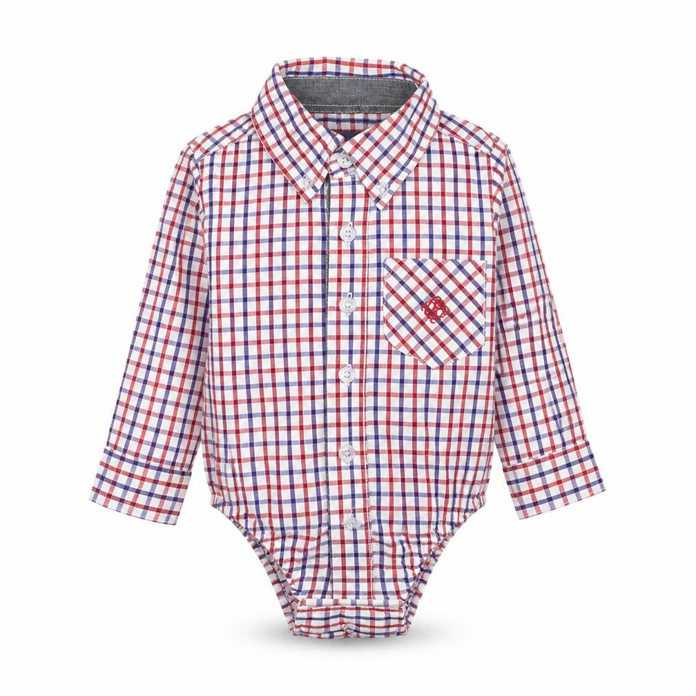 Front view of Andy & Evan boys’ ivory check cotton basic button-up, size 3-6, months collared button