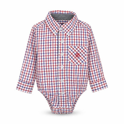 Front view of Andy & Evan boys’ ivory check cotton basic button-up, size 3-6, months collared button