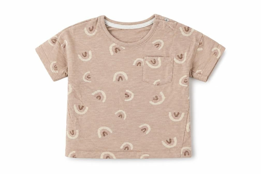 Front view of George girls’ brown cotton basic t-shirt, size 6-9, months round neck pullover - rainbow