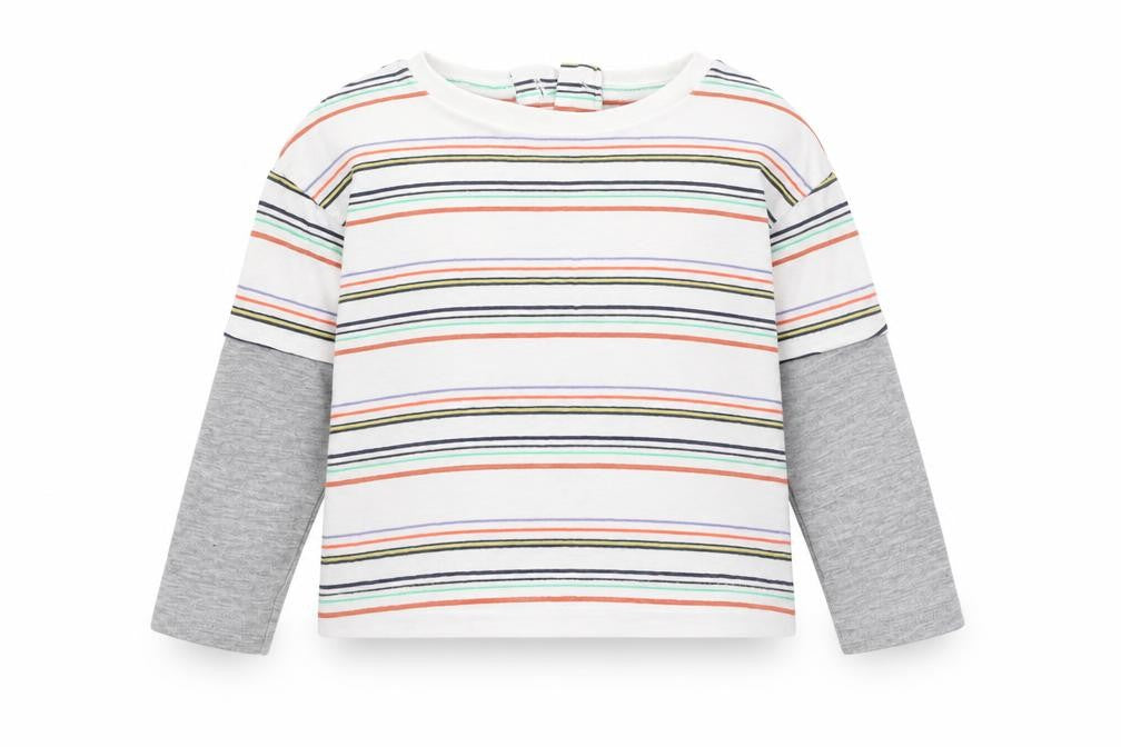 Front view of Dunnes boys’ white striped cotton basic t-shirt, size 3-6, months round neck pullover