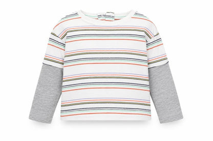 Front view of Dunnes boys’ white striped cotton basic t-shirt, size 3-6, months round neck pullover