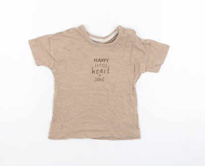 George Boys Brown  Cotton Basic T-Shirt Size 6-9 Months Round Neck Pullover - Happy little heart + soul