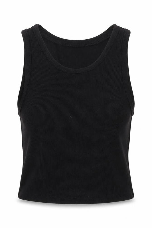 Front view of Misguided women’s black polyester cropped tank, size UK 6, round neck