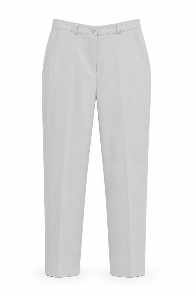 Front view of Slimma women’s grey striped polyester dress pants trousers, size UK 10, 30-inch leg regular button