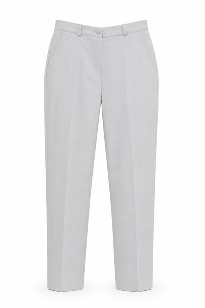 Front view of Slimma women’s grey striped polyester dress pants trousers, size UK 10, 30-inch leg regular button
