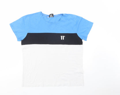 11 degrees Womens Blue Colourblock Cotton Basic T-Shirt Size 14 Crew Neck