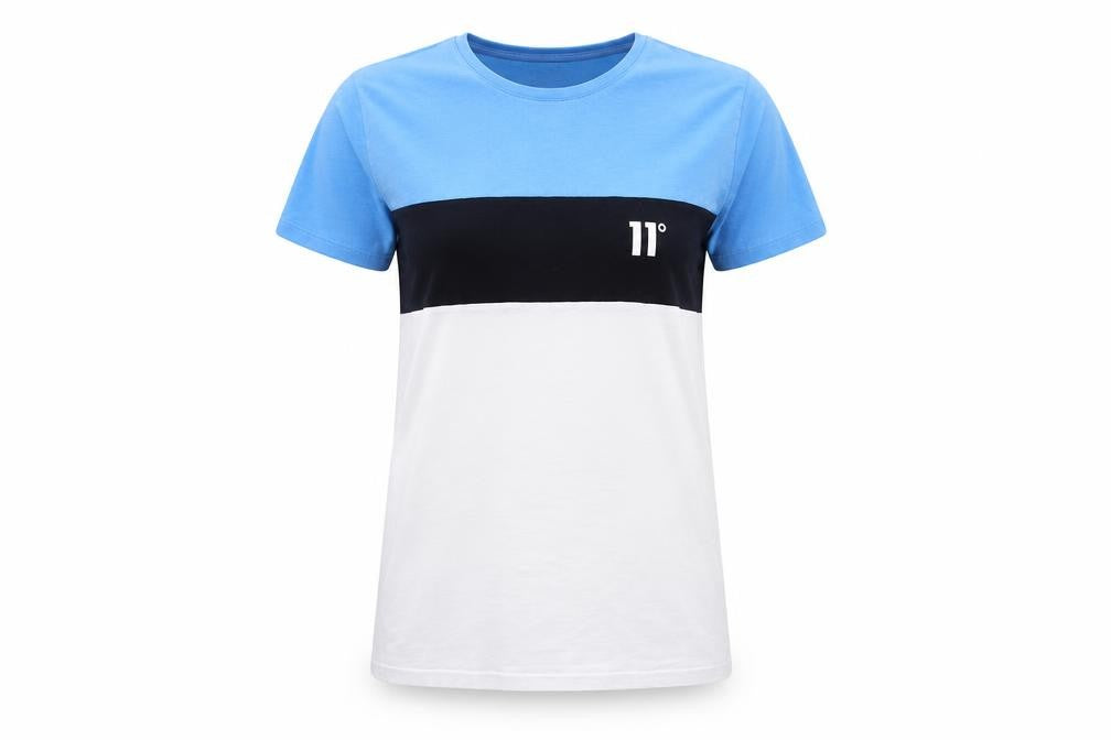 Front view of 11 Degrees women’s blue colourblock cotton basic t-shirt, size UK 14, crew neck