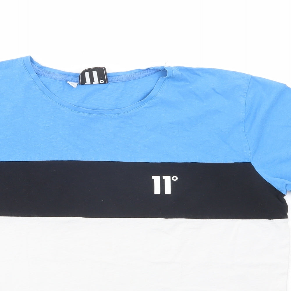 11 degrees Womens Blue Colourblock Cotton Basic T-Shirt Size 14 Crew Neck