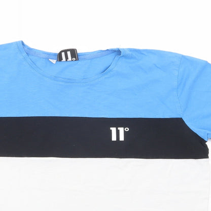11 degrees Womens Blue Colourblock Cotton Basic T-Shirt Size 14 Crew Neck