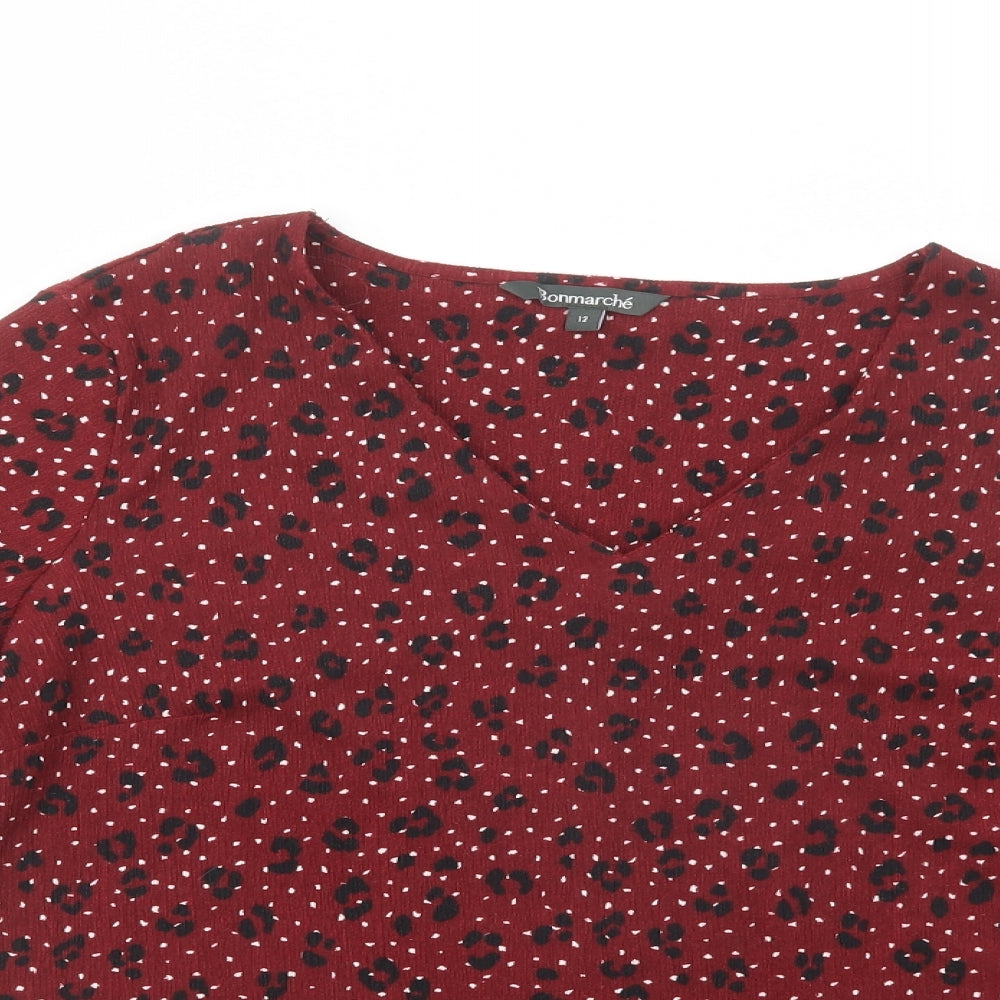 Bonmarché Womens Red Animal Print Polyester Basic Blouse Size 12 V-Neck