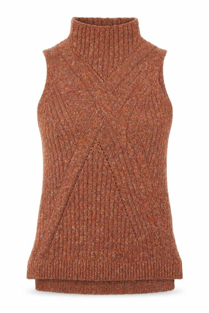 Front view of F&F women’s orange mock neck polyester vest jumper, size UK 6