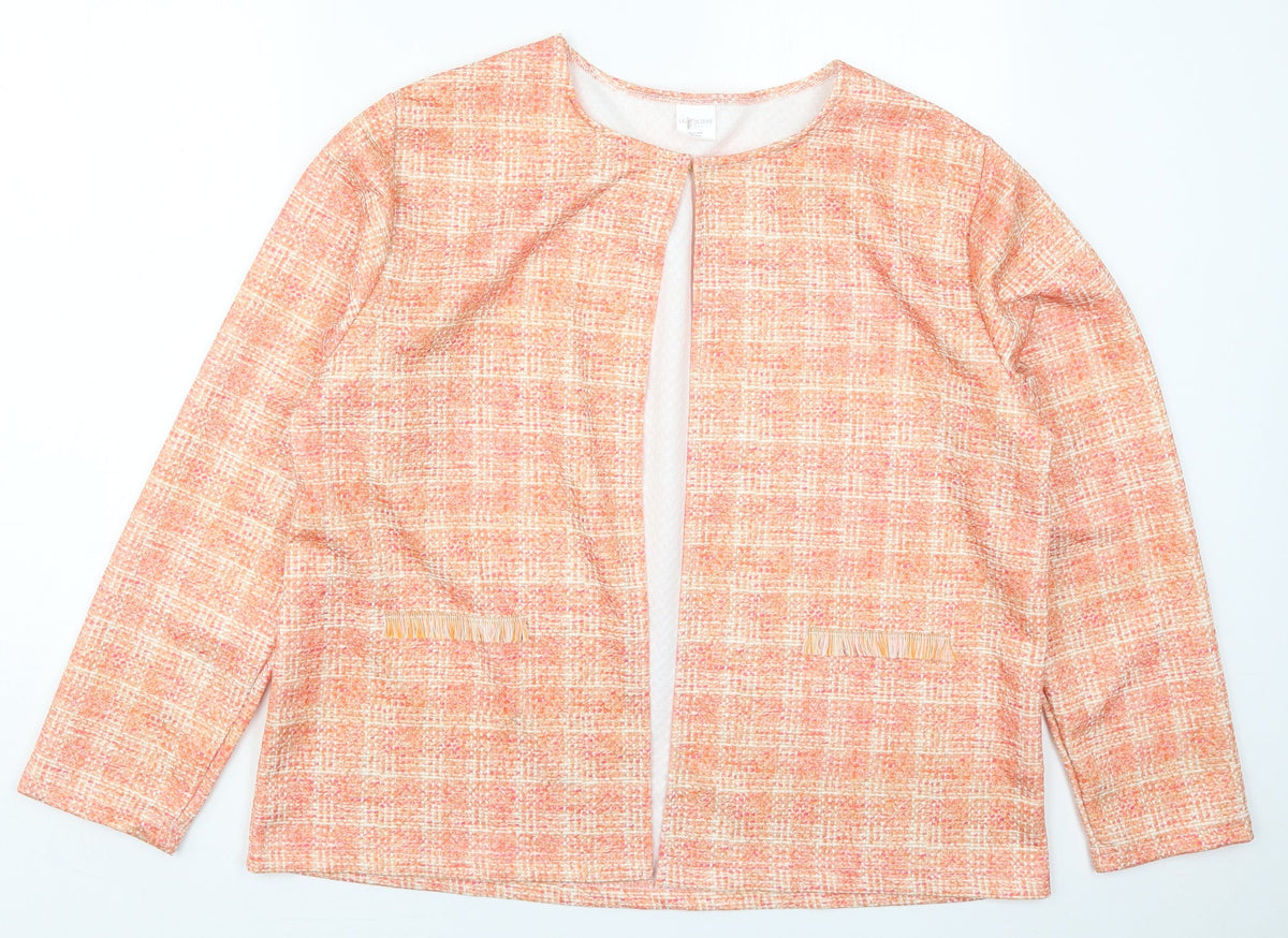 Additional front view of Laure De Ssine women’s orange check jacket, size UK 16, hook & eye